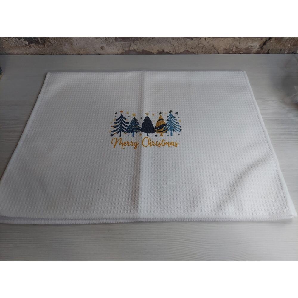 Christmas Kitchen Towel Waffle Weave Merry Christmas Trees Holiday Decor White